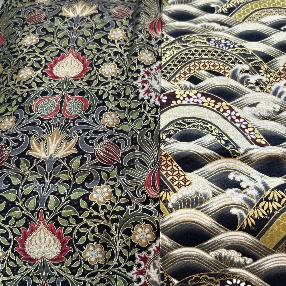 Asian Florals Lotus Cotton Quilting Fabric Kaufman Gold Metallic Accent Lot of 2